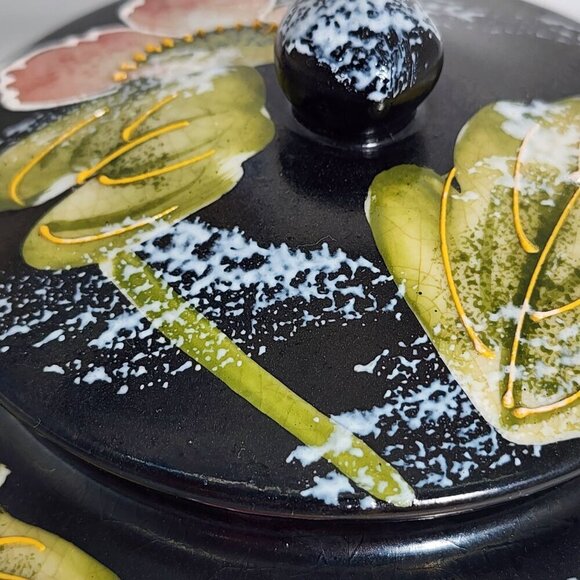 Hand-Painted Black Ceramic Jar Lid Pink & Green Floral Motif Fredrick Cooper - Picture 5 of 12